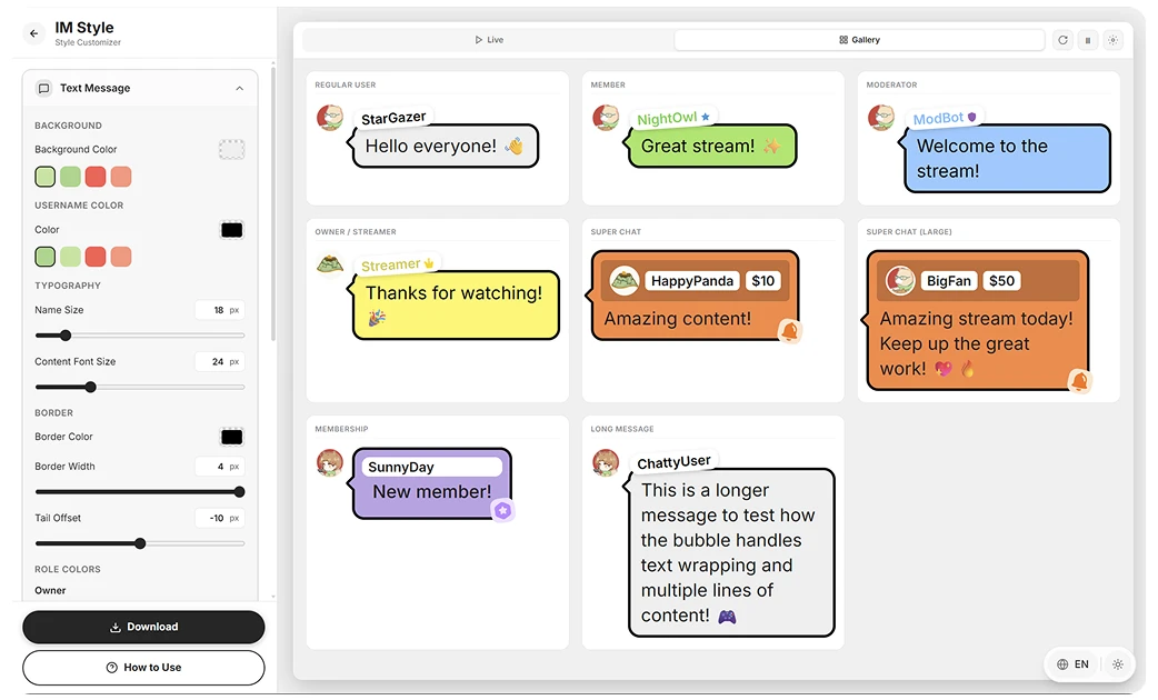 YouTube 直播弹幕 CSS 样式 - 彩色气泡消息的自定义聊天叠加层示例